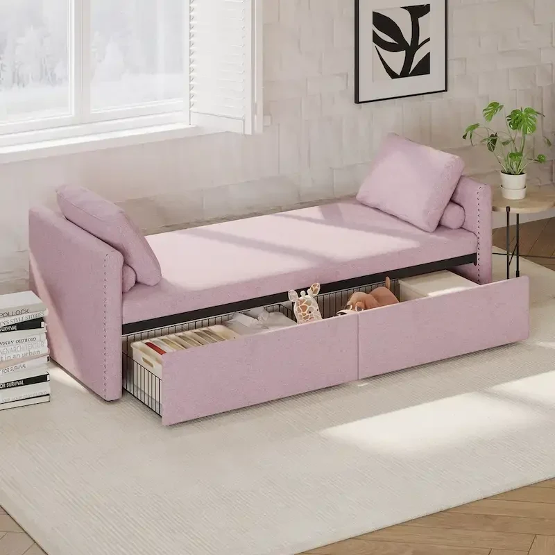 Linen Upholstered Daybed with 2 Storage Drawers – Beige / Grey / Pink, Single