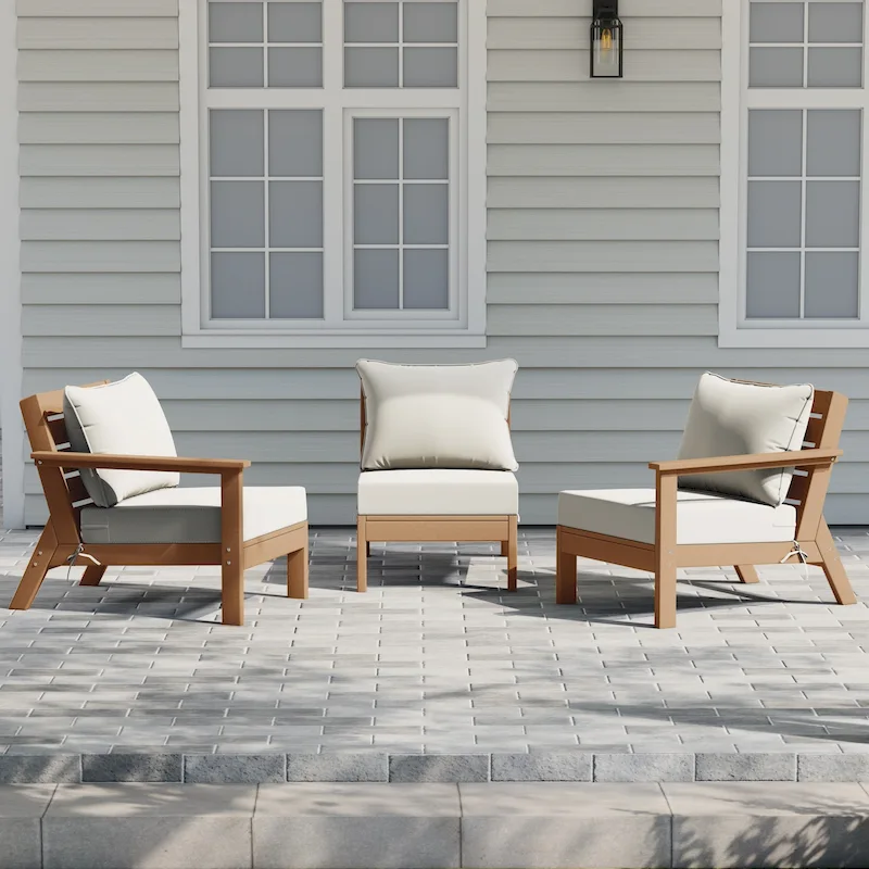 Polytrends Birchwood All Weather HDPE Outdoor Patio Deep Seating Teak Sofa With Cushions (3-Piece)