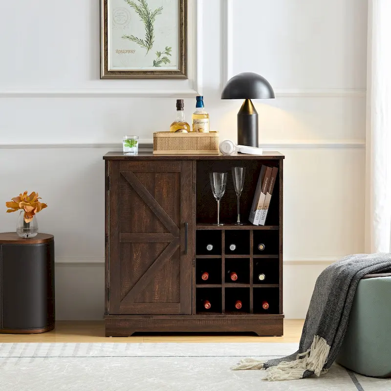 Black / Tan Barn Door Buffet Cabinet with Wine Rack & Drawer