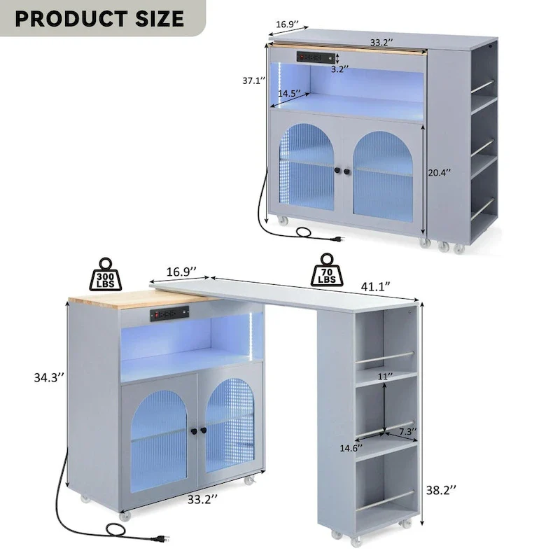 56.3 in. W Kitchen Island with Extended Table, LED Lights and Side 3 Open Shelves