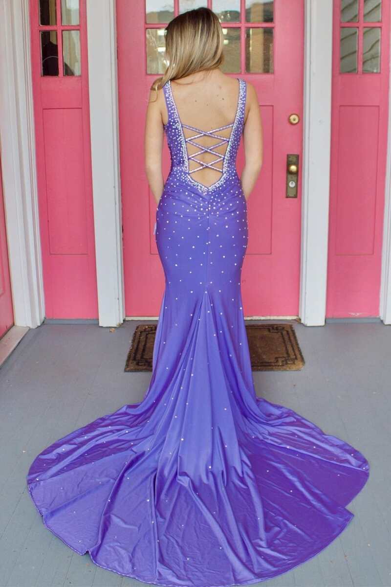 Mermaid V-Neck Beaded Satin Prom Dress with Cross Back
