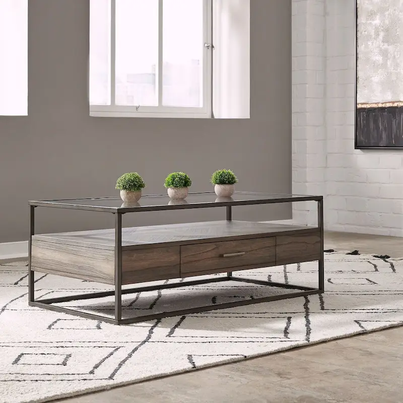 Tobacco Brown Rubberwood Rectangular Cocktail Table with Beveled Glass Top and Storage Drawer