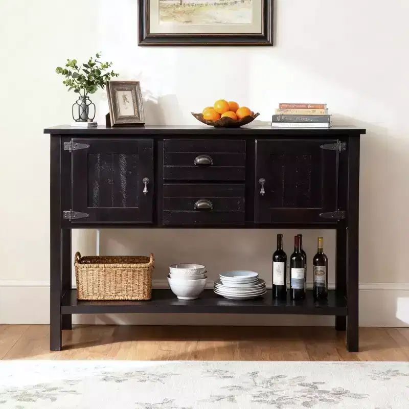 Hostack 48'' Solid Wood Sideboard Console Table with 2 Drawers, Cabinets and Bottom Shelf for Living and Dining Room, Espresso