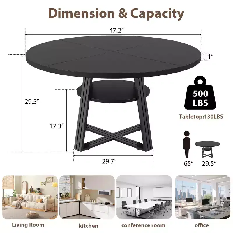 47.2 Farmhouse Kitchen Table with Storage  Round Dining Table Seats 4-6, Multi-Purpose Circle Dinner Table for Dining Room, Living Room & Office