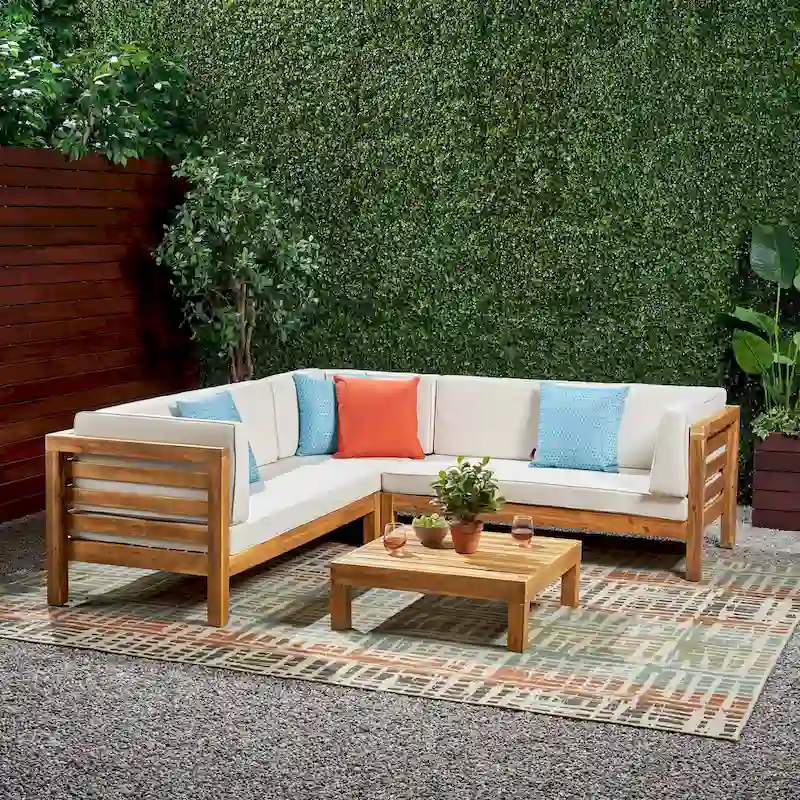 Oana Outdoor 5 Seater V Shaped Mid-Century Modern Acacia Wood Sectional Sofa Set with Coffee Table by Christopher Knight Home