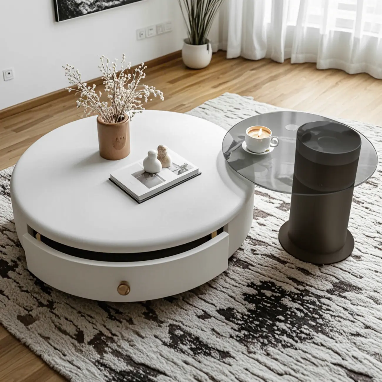 Cream Round Elegant Drawers Round Wood Coffee Table