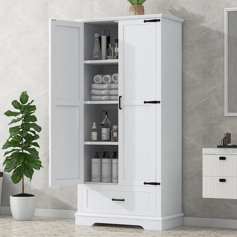 Tall Bathroom Storage Cabinet with 2 Doors, 1 Drawer & Adjustable Shelf