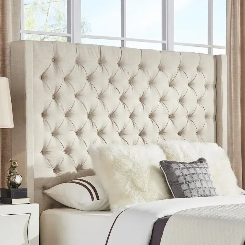 Button-Tufted Wingback Upholstered Headboard – Elegant Bedroom Accent