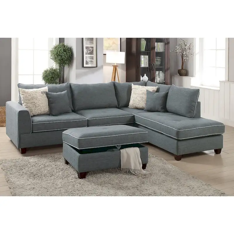 Bobkona Polyfabric Reversible Chaise Sectional with Storage Ottoman set.