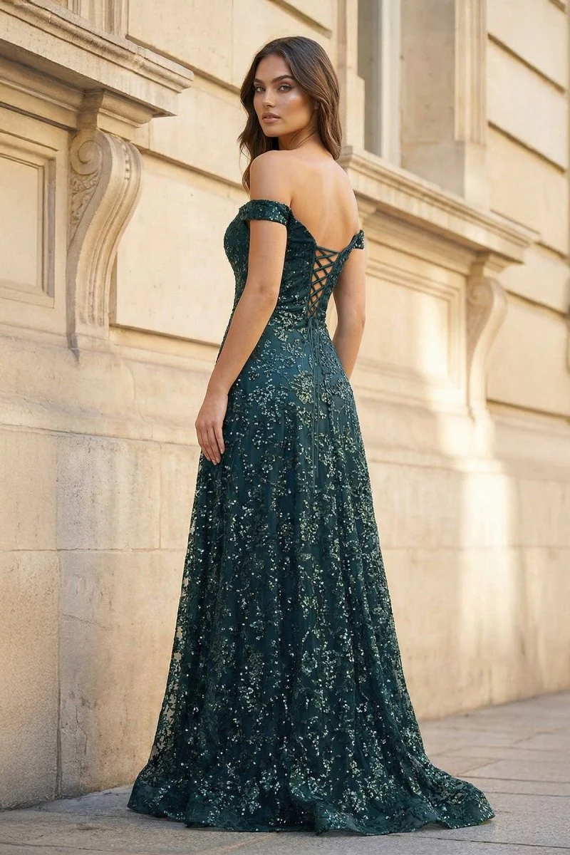 Glitter Mermaid Off The Shoulder Dark Green Long Prom Dress