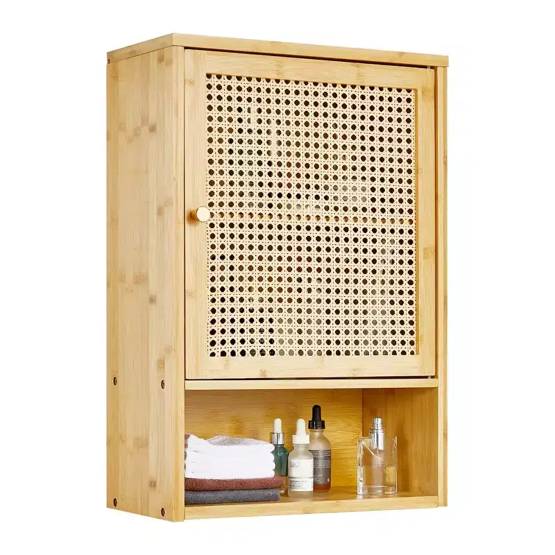 Bamboo Wall Cabinet with Rattan Doors, Adjustable Shelf Compact Storage Organizer for Bathroom, Kitchen, Laundry or Living Room