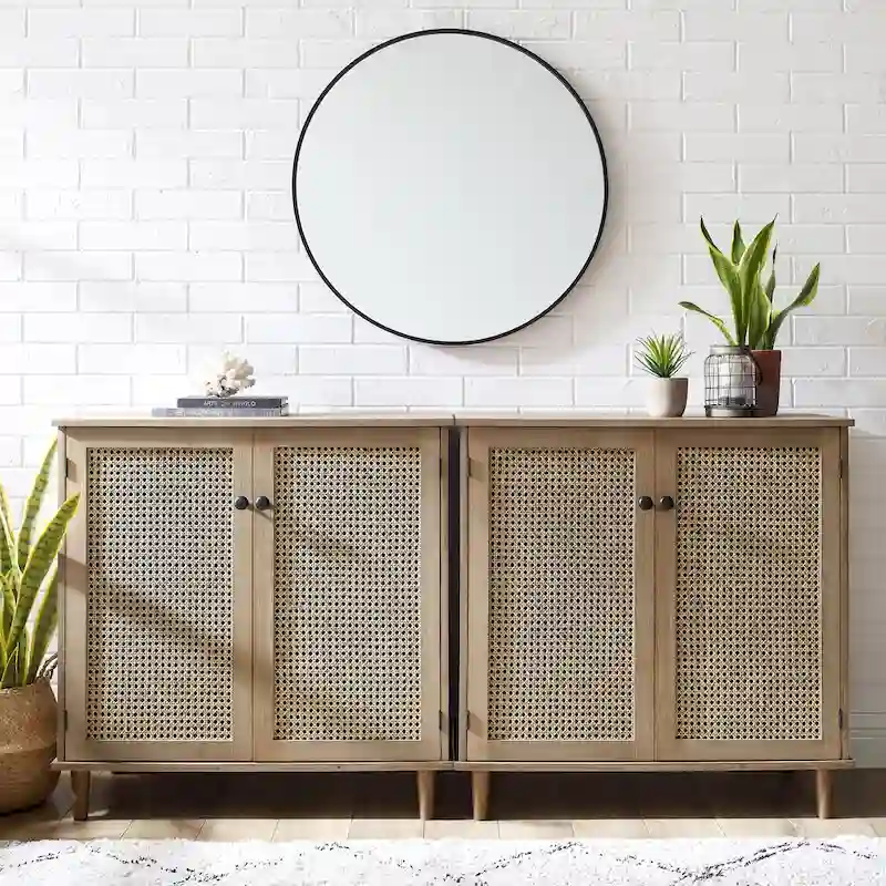 Natural Bamboo / Walnut Woven Rattan Accent Cabinet with Sliding or Standard Doors – Single Unit