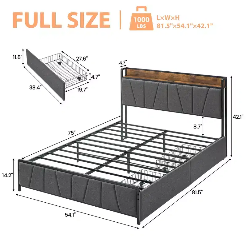 Platform Bed Frame with Headboard, USB Charging Station, 2 Storage Drawers and Under-Bed Storage, No Spring Mattress Required, Heavy-Duty Support