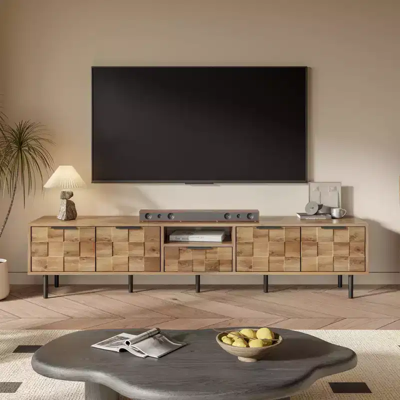 Farmhouse TV Stand with Drawers for 75 inch TV, Wood TV Storage Cabinet Table with Doors and Solid Wood Legs for Living Room, Natural