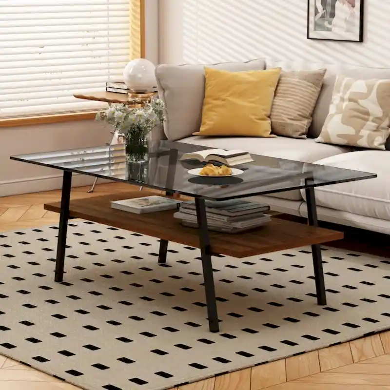 Rectangle Coffee Table, Tempered Glass Tabletop with Black Metal Legs, Modern Table for Living Room