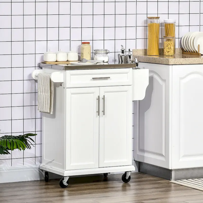 Kitchen Island on Wheels, Rolling Kitchen Cart with Stainless Steel Countertop, Drawer, Towel Rack and Spice Rack