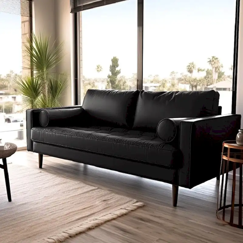Faux Leather Sofa 70.1 Mid-Century Modern Button Tufted Foam Cushion Tapered Legs Black