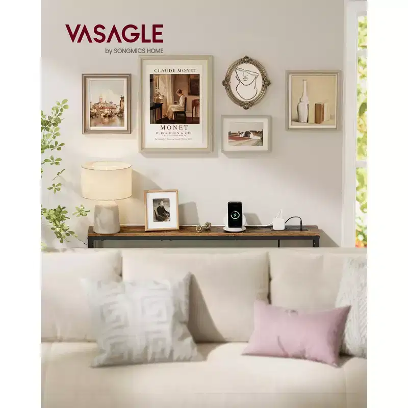 VASAGLE Console Table with Power Outlet, Slim Behind Couch Sofa Table, 15 x 100 x 80 cm, 1 Hook, Easy Assembly, Rustic Brown and Ink Black