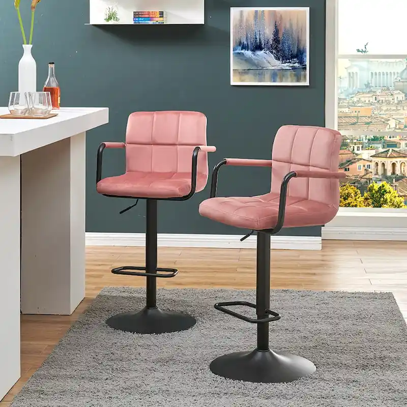 Swivel Bar Stools with Armrest, Adjustable Height, Set of 2 – Velvet / Faux Leather / Leathaire