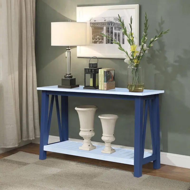 White / Unfinished / Blue Solid Parawood Console Sofa Table with Lower Shelf – Butcher Block Top