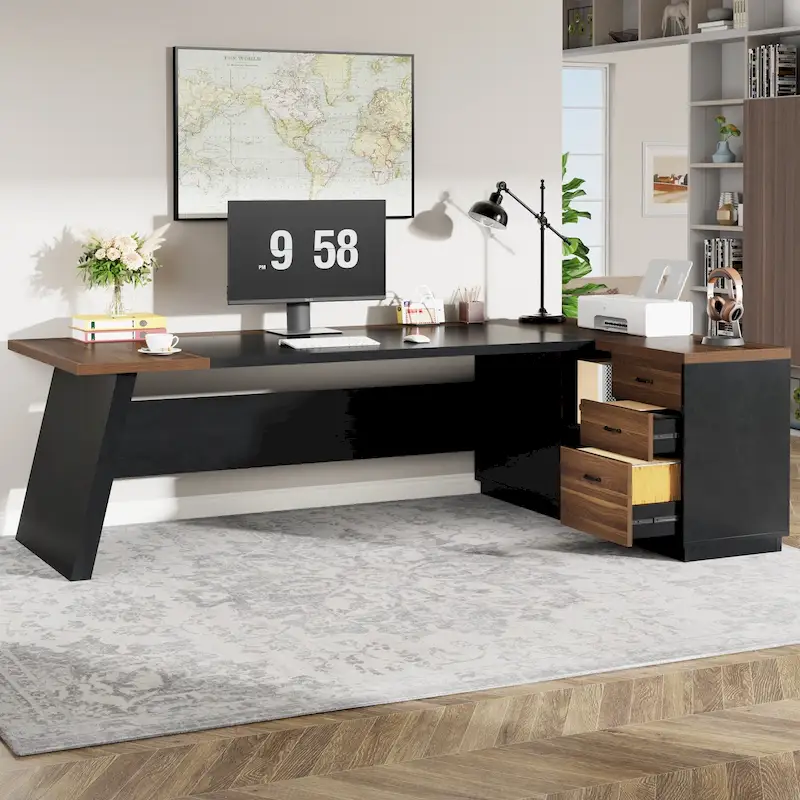 78.7-inch L Shaped Executive Desk with Drawers and Lateral File Cabinet