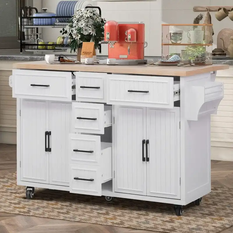 56.5 Kitchen Island with Drop Leaf and Charging Station, Rolling Kitchen Cart on Wheels with Drawers and Adjustable Shelves