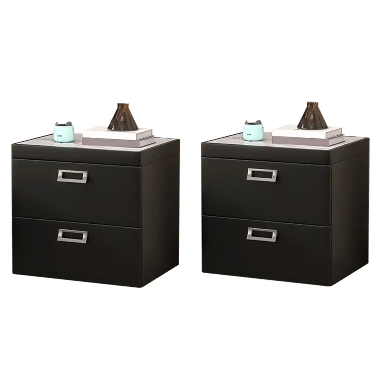 Modern Faux Leather 2 Drawers Nightstand with Stone Top