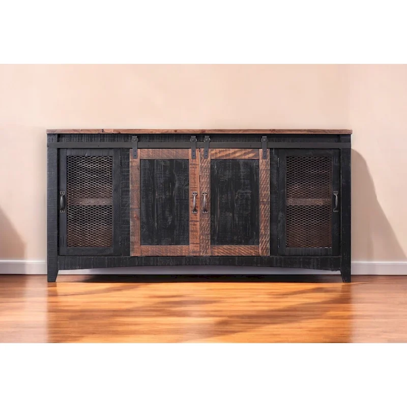 68 Black Solid Wood Cabinet Enclosed Storage Distressed TV Stand