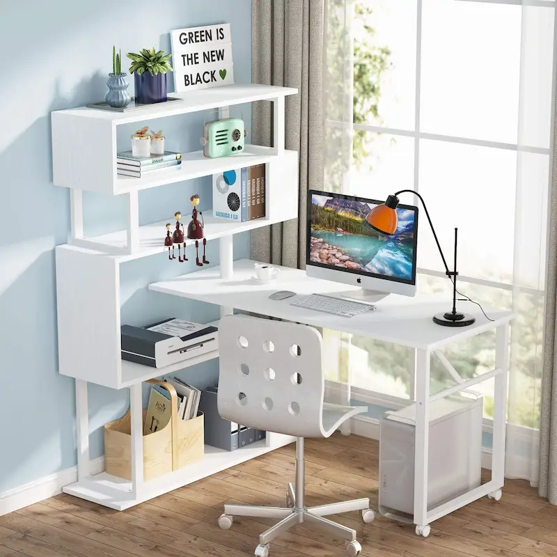 Rotating L Shaped Desk with Storage Bookshelf for Home Office