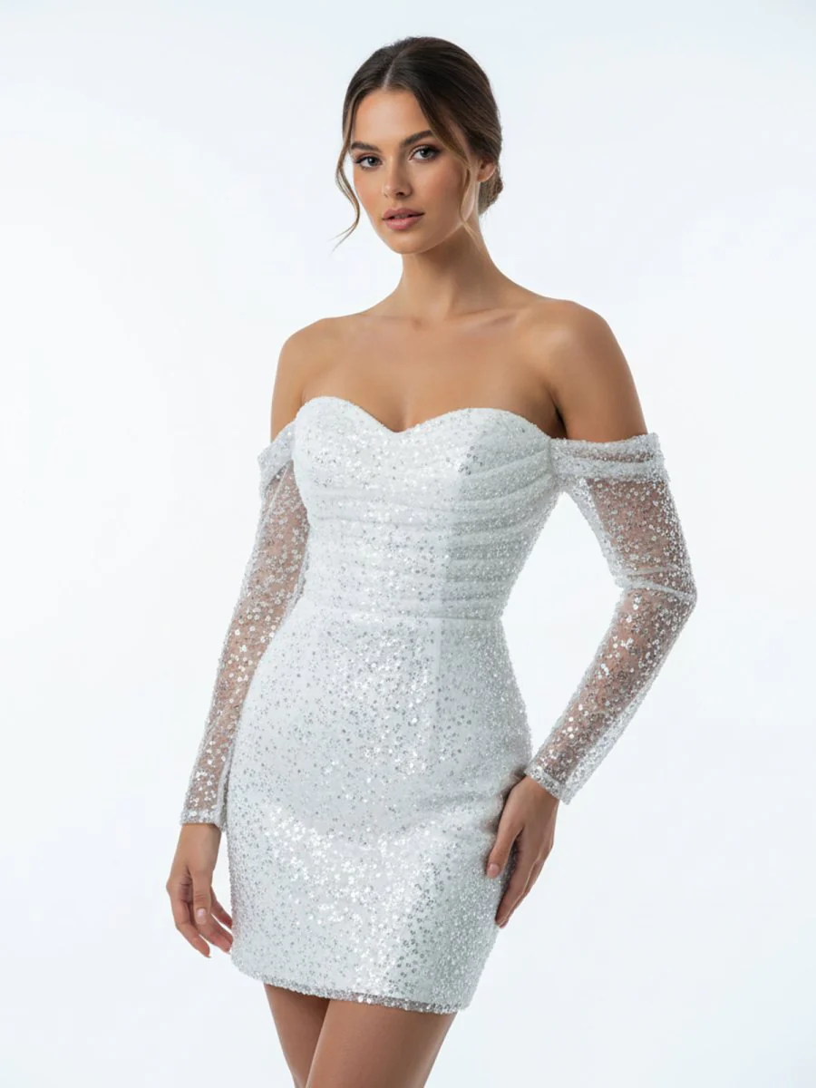 Chic Short Sequined Backless Wedding Dress With Long Detachable Sleeves