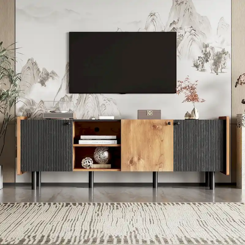 Mid Century TV Stand with 3 Cabinets, Media Console Table for TVs up to 70 , Entertainment Center with Storage