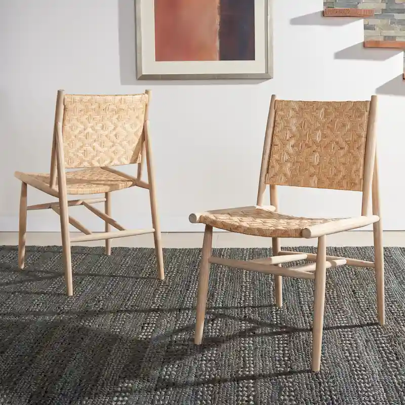 Coastal Rattan Dining Chair with Natural Wood Frame – Set of 2 (25