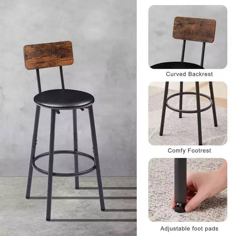 3 Piece Dining Table Set, Bar Table Set With 2 Upholstered Stools, Ring-shaped Footrest, Wooden Backrest, For Living Room Dining Room Kitchen