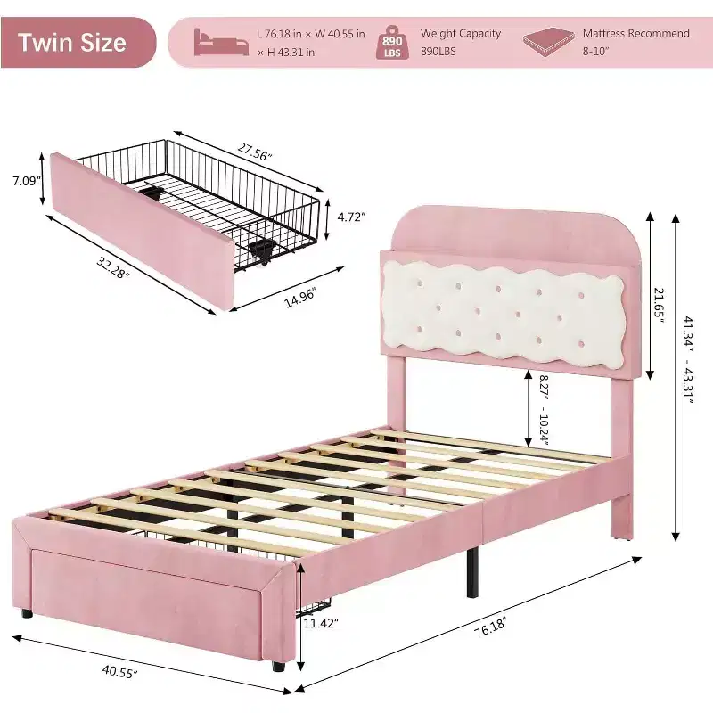 Twin Velvet Upholstered Platform Bed with Biscuit Tufted Storage Headboard, Drawer, Sturdy Wood Slats, No Box Spring Needed, Easy Assembly