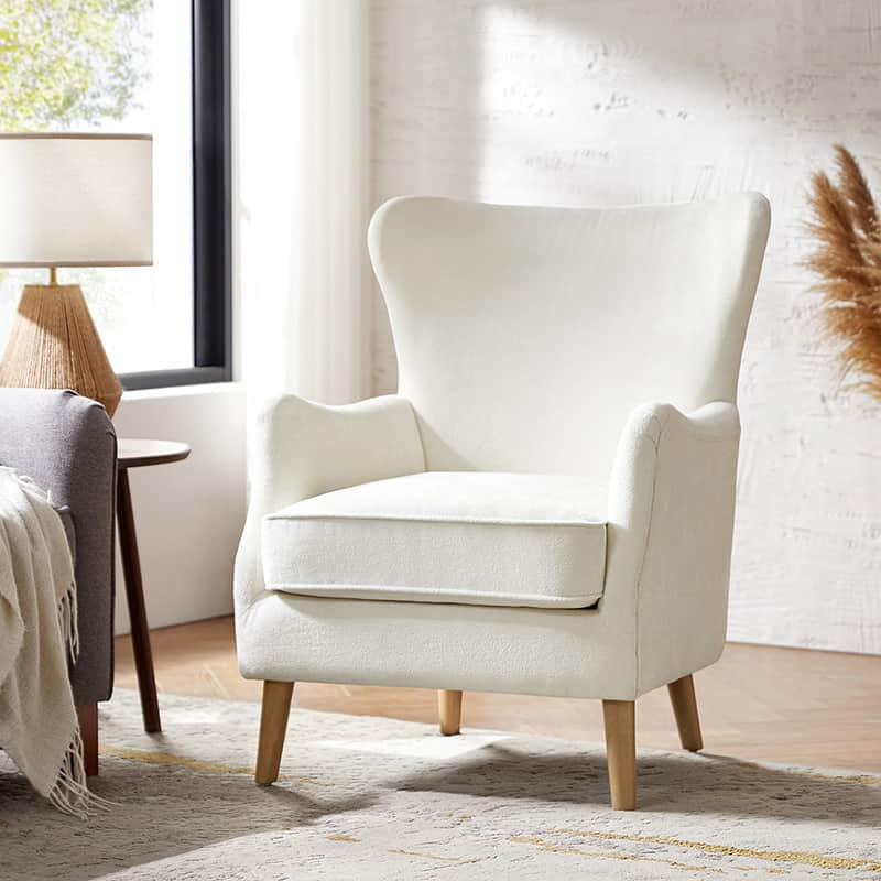 Wingback Armchair with Recessed Arms, Removable Cushion, Foam Fill & Rubberwood Legs | White / Ivory / Grey / Camel | Single Seat