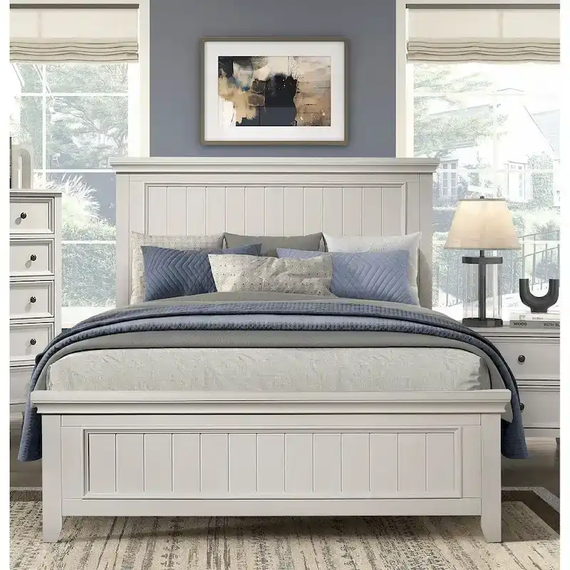 Off-White Farmhouse Shiplap Panel Bed Frame with Headboard and Footboard (Twin / Full / Queen / King / Cal King)