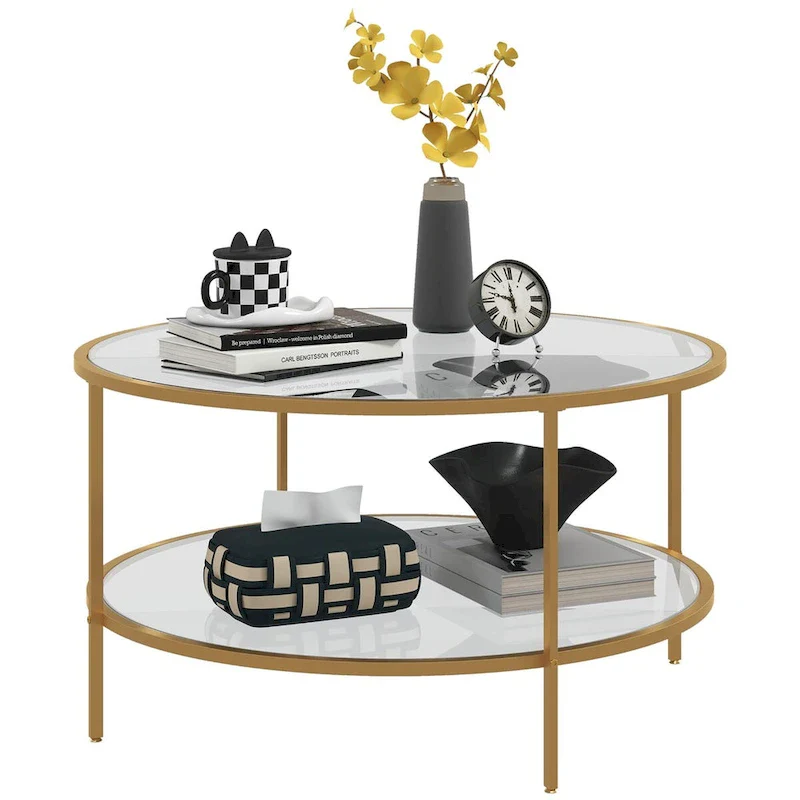 Gold Modern Round 2-Tier Tempered Glass Side Table with Steel Frame