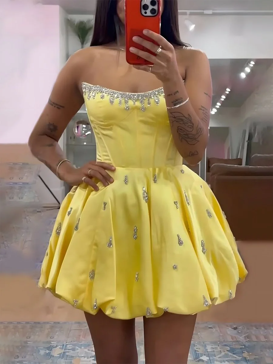 Yellow - A Line Scoop Neck Corset Beaded Short Homecoming Dresses