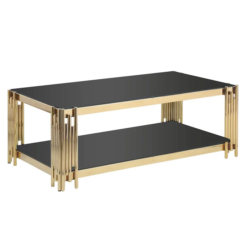 48  Wide Rectangular Coffee Table with Glass Top, Stainless Steel Double-Layer Coffee Table