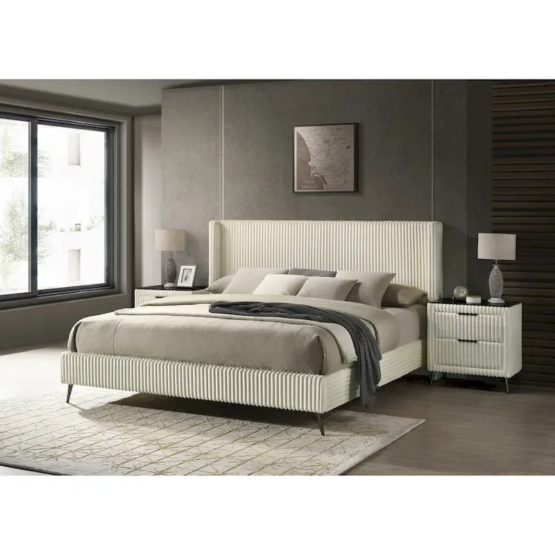 Cream Wide Wale Corduroy Panel Bed with 2 Nightstands, Queen/King, 3-Piece Set