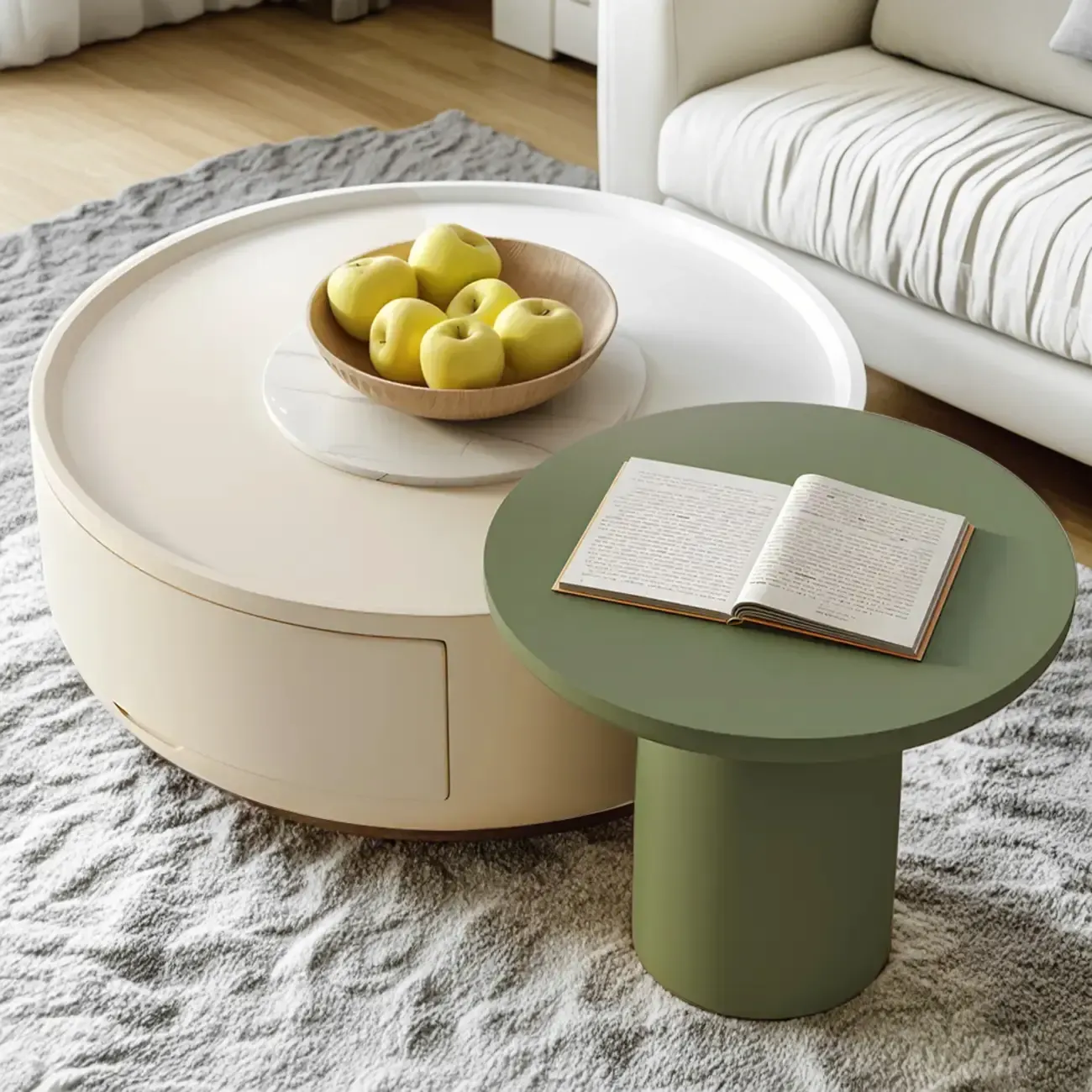 White Round Modern Drum Wood Coffee Table