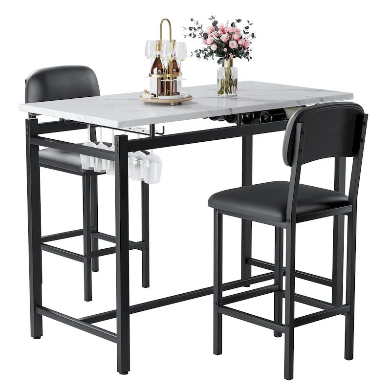 White Marble-Top Bar Table Set with 2 Stools, 2-Person