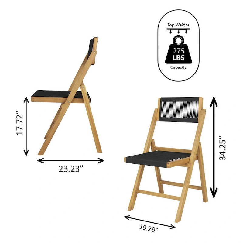 Kiawah Coastal Modern Wood Roped Folding Chair with Adjustable Back, Black/Natural (Set of 2) by JONATHAN Y