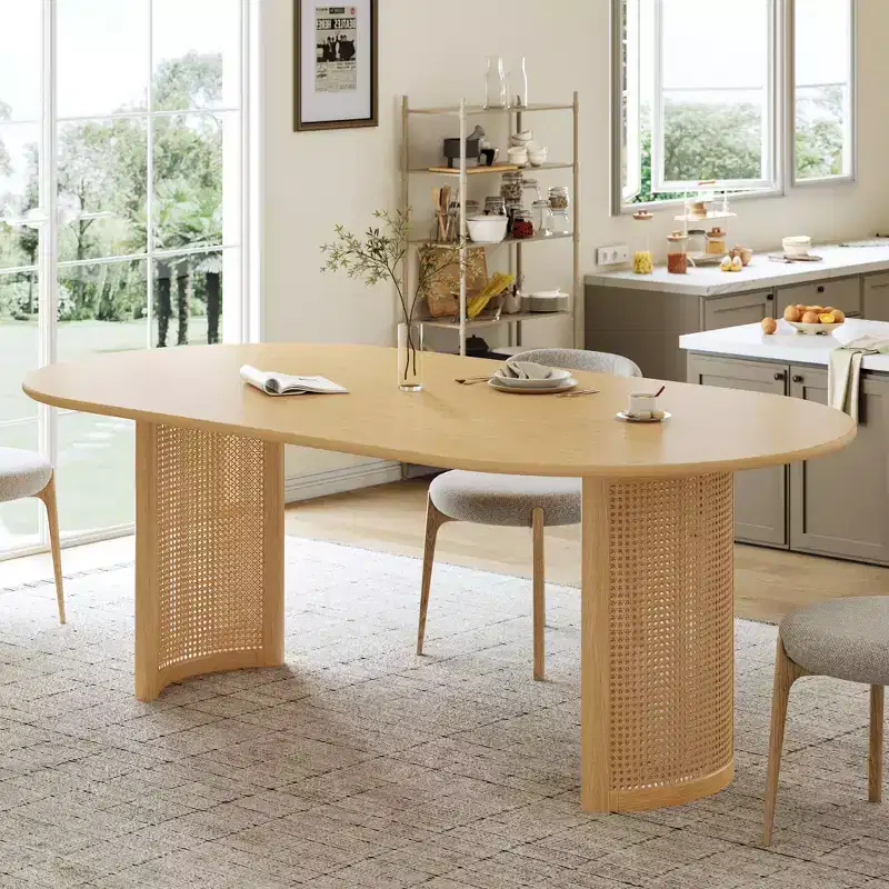PexFix 79 Oval Dining Table for 6-8 with Arc-Shaped Edge Top and Rattan Woven Base Modern Farmhouse Kitchen Table for Living Room Dining Room Natural