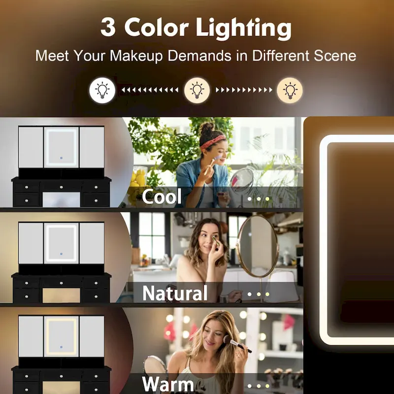 Makeup Vanity Table with 3-Color Lighted Mirror