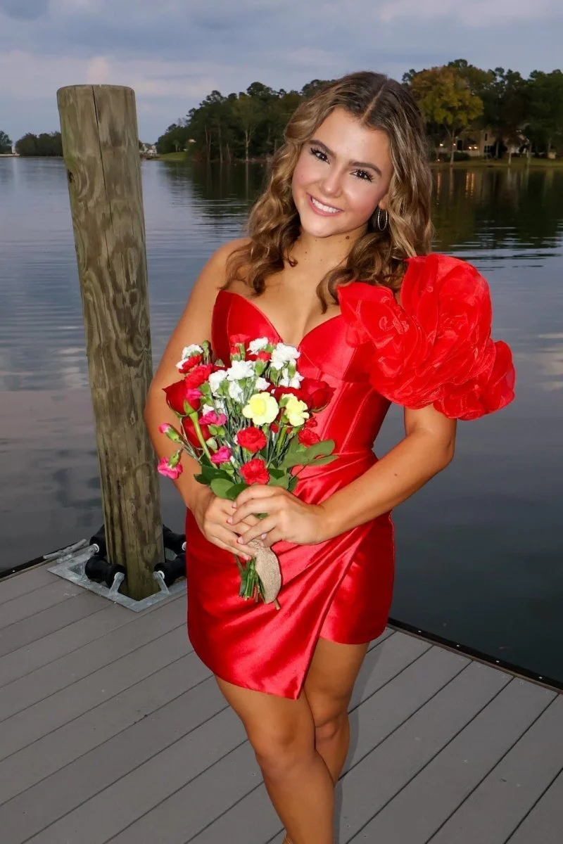 Red - Bodycon One Shoulder Ruched Corset Short Homecoming Dresses