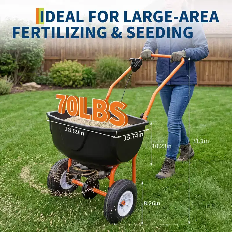 Walk Behind Broadcast Spreader, 70LBS Capacity Fertilizer Spreader with Adjustable Flow Control & 010FT Spreading Width, Garden & Lawn Seed Spreader