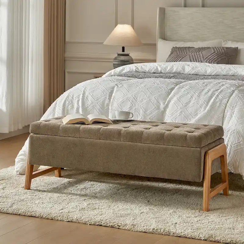 Mid-Century Upholstered Storage Bench, Tufted Seat & Wood Legs – Tan / Brown / Turquoise / Ivory / Black / Chocolate / Grey / Taupe