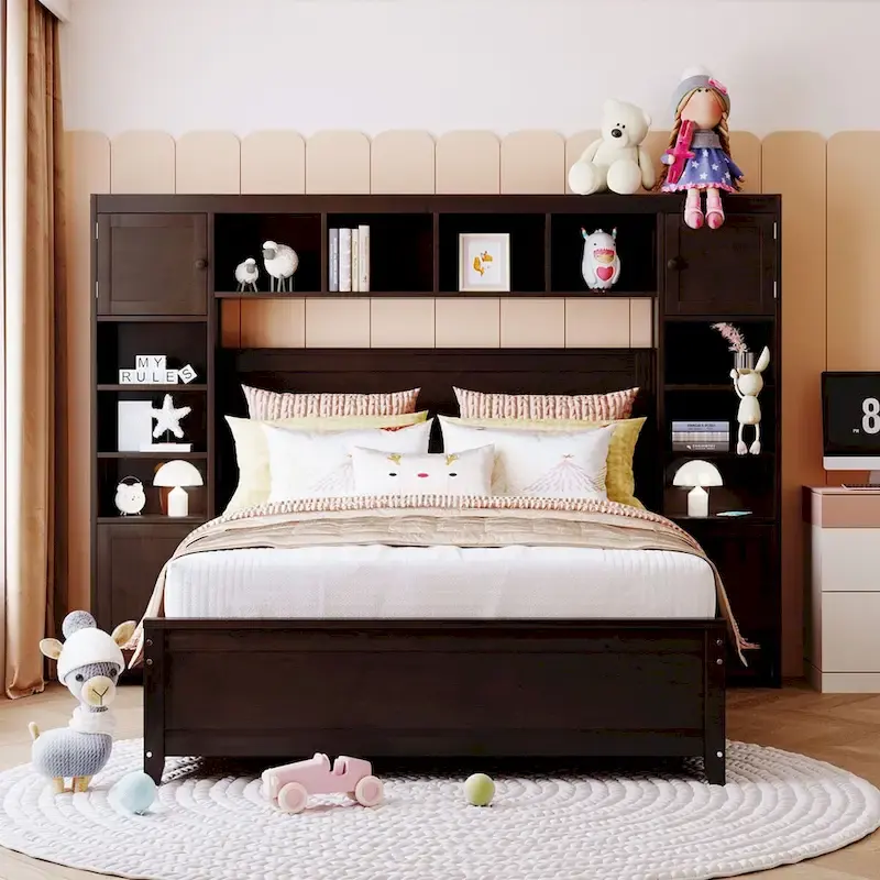 White / Grey / Espresso Full Size Wooden Storage Bed with Cabinet & Shelf – For 2 People