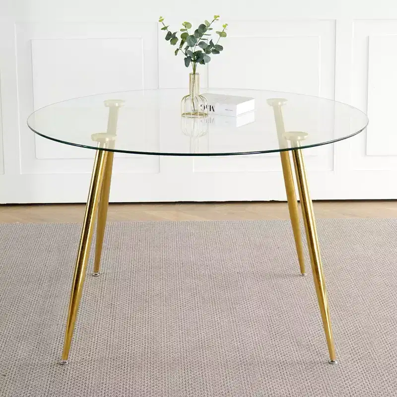 Okak Modern Round Dining Table with Tempered Glass Dining Room Table with Metal Spray Legs for Dining Room, Gold